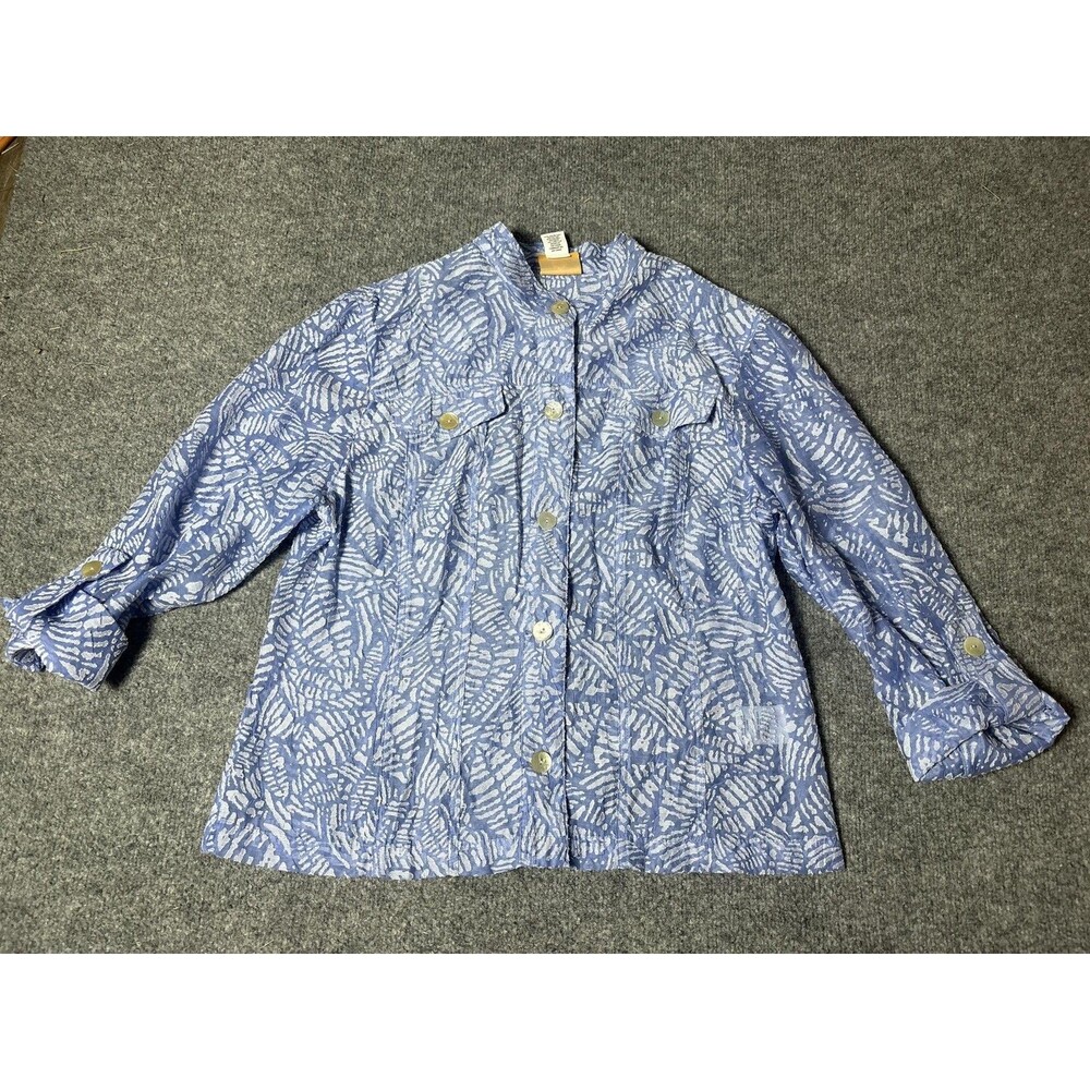 Ruby Rd Shirt Womens 8 Blue Floral Collared Button-Up 3/4 Roll Tab Sleeve Top
